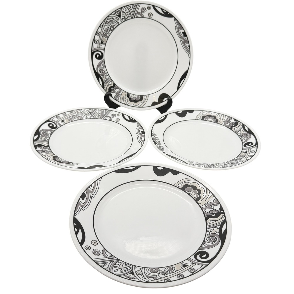 Corelle Nouveau Lunch Plates Set of 4 Black Grey Paisley salad plates